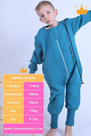 Begisa 2-8 Yaş 1 Tog Müslin Çocuk Uyku Tulumu Unisex Baharlık Yazlık Uzun Kollu Uyku Tulumu