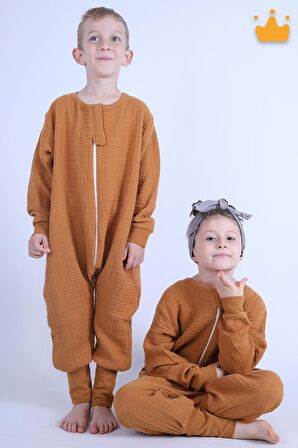 Begisa 2-8 Yaş 1 Tog Müslin Çocuk Uyku Tulumu Unisex Baharlık Yazlık Uzun Kollu Uyku Tulumu