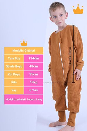 Begisa 2-8 Yaş 1 Tog Müslin Çocuk Uyku Tulumu Unisex Baharlık Yazlık Uzun Kollu Uyku Tulumu