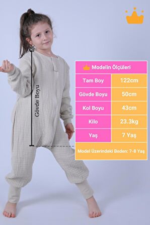 Begisa 2-8 Yaş 1 Tog Müslin Çocuk Uyku Tulumu Unisex Baharlık Yazlık Uzun Kollu Uyku Tulumu