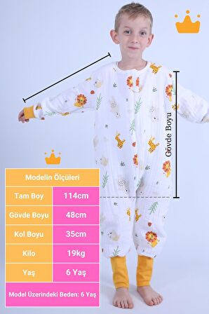 Begisa 2-8 Yaş 1 Tog Müslin Çocuk Uyku Tulumu Unisex Baharlık Yazlık Uzun Kollu Uyku Tulumu