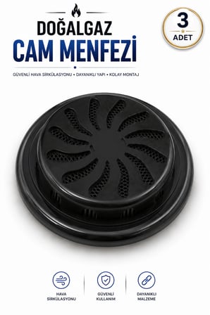 Ayarlanabilir Doğalgaz Cam Menfezi-Siyah | Cam Üzeri Havalandırma Menfezi | Güvenli Hava Sirkülasyonu | Vidalı Montaj - 3 ADET