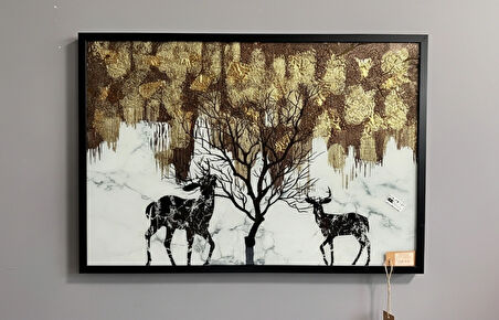 Gold Varaklı Geyik ve Ağaç Temalı Tablo