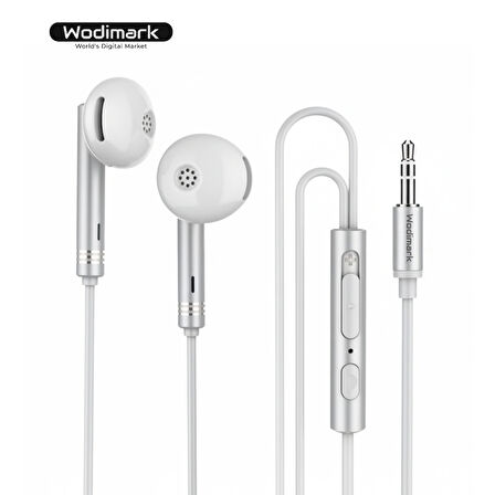 Wodimark AUX Kablolu Kulaklık – Mikrofonlu & Kumandalı BEYAZ - GÜMÜŞ