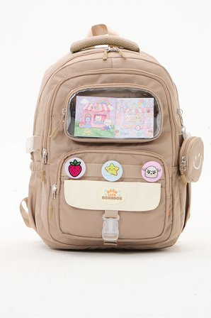 Bej Kız Çocuk İlkokul Okul Çantası Kawaii Çok Bölmeli Rozetli Sırt Çantası