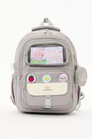 Gri Kız Çocuk İlkokul Okul Çantası Kawaii Çok Bölmeli Rozetli Sırt Çantası