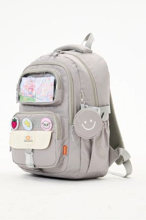 Gri Kız Çocuk İlkokul Okul Çantası Kawaii Çok Bölmeli Rozetli Sırt Çantası