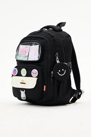 Siyah Kız Çocuk İlkokul Okul Çantası Kawaii Çok Bölmeli Rozetli Sırt Çantası