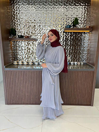 Zarif Katmanlı Kemerli Detaylı Şık Elbise ELB16074