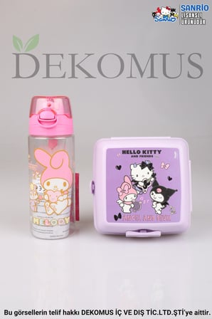 DEKOMUS LİSANSLI MY MELODY&BEST FRIENDS HELLO KITTY,KUROMI 500 ML MATARA VE 2 KATLI BESLENME KUTUSU /LUNCH BOX SETİ "ISLAK MENDİL HEDİYELİ"