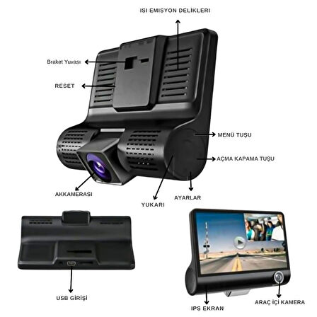 Wodimark 3 Kameralı Araç İçi Kamera Sistemi – Ön/İç/Arka Kayıt, 4" LCD Ekran, 1080P Full HD, 170° Geniş Açı, G-Sensör & Hareket Algılama, USB Bağlantılı