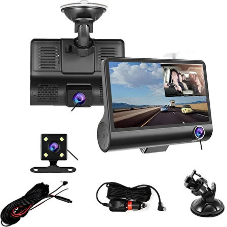 Wodimark 3 Kameralı Araç İçi Kamera Sistemi – Ön/İç/Arka Kayıt, 4" LCD Ekran, 1080P Full HD, 170° Geniş Açı, G-Sensör & Hareket Algılama, USB Bağlantılı