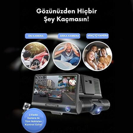 Wodimark 3 Kameralı Araç İçi Kamera Sistemi – Ön/İç/Arka Kayıt, 4" LCD Ekran, 1080P Full HD, 170° Geniş Açı, G-Sensör & Hareket Algılama, USB Bağlantılı