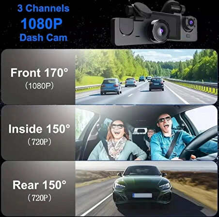 3’lü Lensli 1080P WiFi Araç Kamerası Gece Görüş G-Sensör ve Park Modu ile Üst Düzey Güvenlik