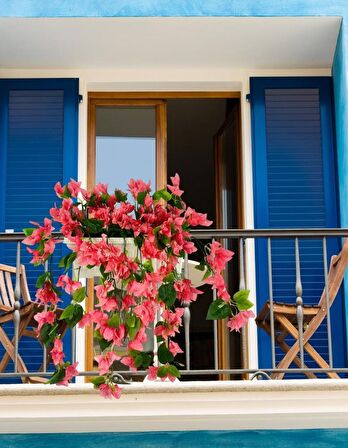 Yapay Çiçek Pembe Begonvil Küpeşte Askılı Saksıda Balkon Çiçeği Çiçek Sepeti