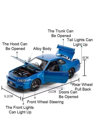 Nissan Skyline GTR R34 1:24 Ölçek Diecast Model Araba Açılan Kapılar Nıssan GTR Model