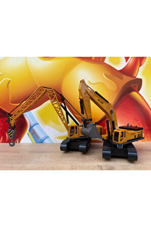 İkili Set İş Makinaları Vinç Ve Kepçe Ekskavatör İş Araçları Set Oyuncak ikili İnşaat Araçları Metal