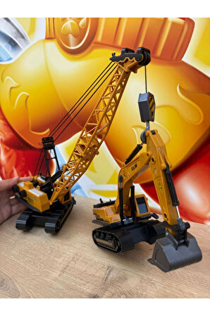 İkili Set İş Makinaları Vinç Ve Kepçe Ekskavatör İş Araçları Set Oyuncak ikili İnşaat Araçları Metal