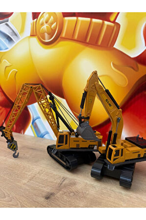 İkili Set İş Makinaları Vinç Ve Kepçe Ekskavatör İş Araçları Set Oyuncak ikili İnşaat Araçları Metal