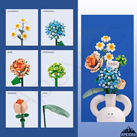 Dekoratif Ortanca Çiçek Buketi Yapım Seti Legosu 680 Parça - Papatya/Ortanca/Gül/Gül Goncası Set
