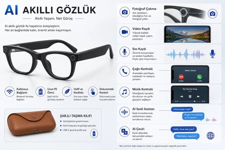 AI Akıllı Gözlük Kameralı Bluetooth Gözlük – Fotoğraf Video Çekimi, Sesli Asistan, Çeviri, Arama ve Müzik Kontrollü