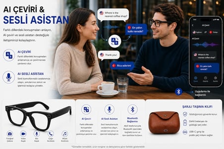AI Akıllı Gözlük Kameralı Bluetooth Gözlük – Fotoğraf Video Çekimi, Sesli Asistan, Çeviri, Arama ve Müzik Kontrollü