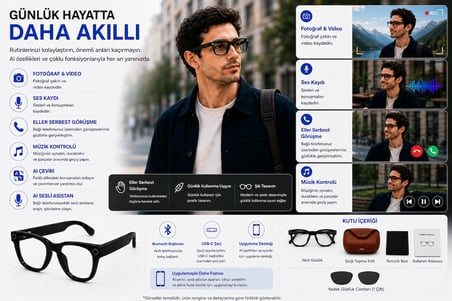 AI Akıllı Gözlük Kameralı Bluetooth Gözlük – Fotoğraf Video Çekimi, Sesli Asistan, Çeviri, Arama ve Müzik Kontrollü