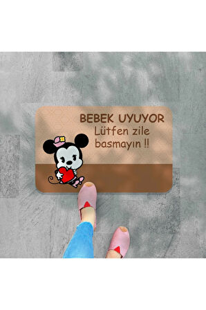 Bebek uyuyor yazılı Dekoratif Dış Kapı Önü ve Iç Mekan Paspası yıkanabilir