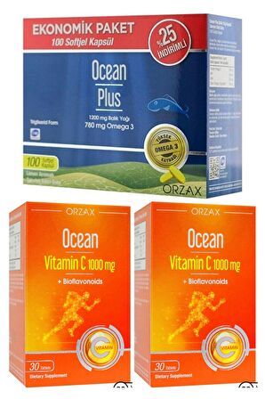 Ocean Vitamin C 1000 mg 30 Tablet 2 Adet + Ocean Plus 1200 mg 100 Softjel - %25 İndirimli 