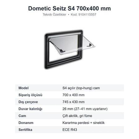 Dometic Seitz S4 Amortisörlü Açılır Karavan Camı 700x400 mm (9104115557)