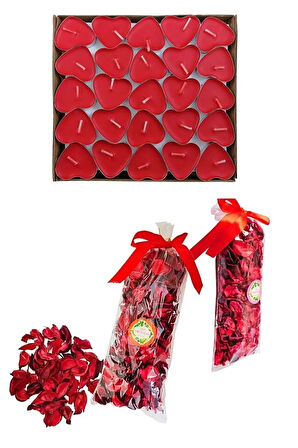 50 Mum + 700 Kuru Gül Yaprağı, Kalpli Mum Ve Kuru Gül Yaprakları