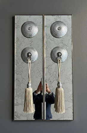 Eskitme Aynalı Dekoratif Kapı Kolu ve Püskül Tablo (Çiftli Set)