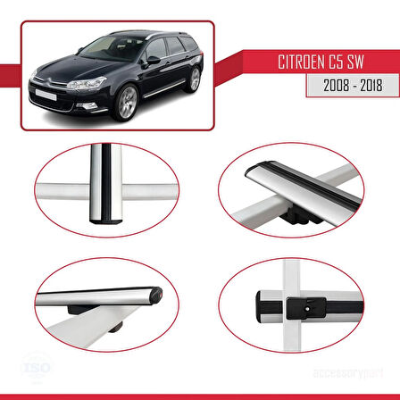 Citroen C5 II Tourer 2008-2018 Arası ile Uyumlu BASIC Model Ara Atkı Tavan Barı Gri 3 Adet