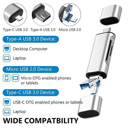 Lunatic 4858 Type C Usb Kart Okuyucu Micro Sd Card Reader Çevirici Dönüştürücü Adaptör Hepsi Bir Arada USB 3.0 Akıllı Kart Okuyucu Yüksek Hızlı TF Mikro SD Kart Okuyucu OTG C Tipi Hafıza Kartı Okuyucu Mikro USB SD Adaptörü