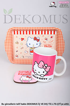 DEKOMUS İLE LİSANSLI HELLO KITTY PORSELEN KUPA,METAL TEPSİ VE BARDAK ALTLIĞI SETİ