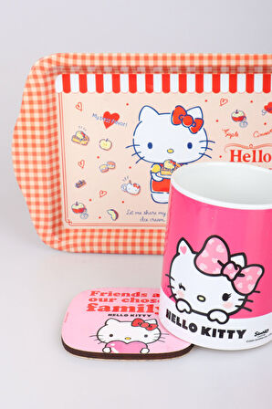 DEKOMUS İLE LİSANSLI HELLO KITTY PORSELEN KUPA,METAL TEPSİ VE BARDAK ALTLIĞI SETİ