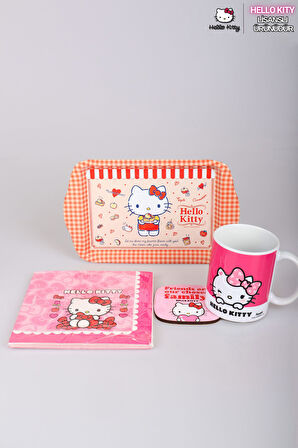 DEKOMUS İLE LİSANSLI HELLO KITTY PORSELEN KUPA,METAL TEPSİ,PEÇETE VE BARDAK ALTLIĞI SETİ