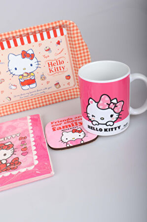 DEKOMUS İLE LİSANSLI HELLO KITTY PORSELEN KUPA,METAL TEPSİ,PEÇETE VE BARDAK ALTLIĞI SETİ