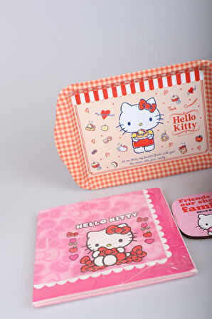 DEKOMUS İLE LİSANSLI HELLO KITTY PORSELEN KUPA,METAL TEPSİ,PEÇETE VE BARDAK ALTLIĞI SETİ