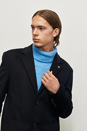 Erkek Lacivert Standart Fit Normal Kesim Mono Yaka Yünlü Palto