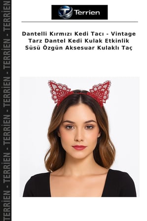 Dantelli Kırmızı Kedi Tacı - Vintage Tarz Dantel Kedi Kulak Etkinlik Süsü Özgün Aksesuar Kulaklı Taç