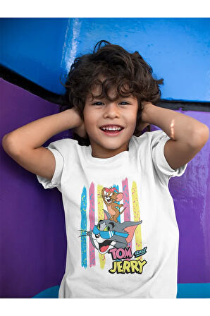 Tasarım Tom Ve Jerry Baskılı Unisex Çizgi Film Çocuk Tişört (1-12 YAŞ)