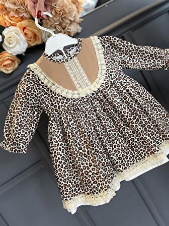 Dantel Detaylı Leopar Desenli Pamuklu Kız Çocuk Bebek Elbise