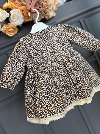 Dantel Detaylı Leopar Desenli Pamuklu Kız Çocuk Bebek Elbise