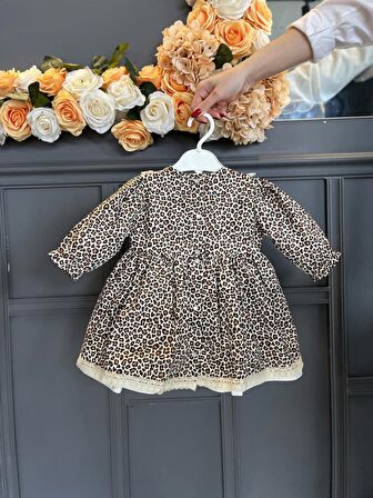 Dantel Detaylı Leopar Desenli Pamuklu Kız Çocuk Bebek Elbise