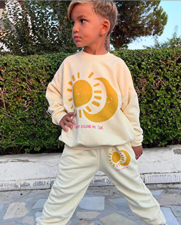 Erkek Çocuk  Ekru Güneş Ay Pamuklu 3 İplik Fırçalı Kumaş Alt Üst Eşofman Takımı 