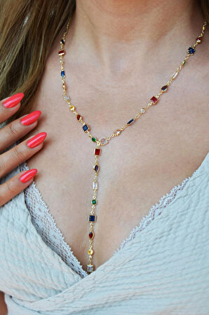 Renkli Taşlı Zarif Y Model Kolye Dekolte Kolye Işıltılı Çok Renkli