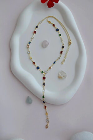 Renkli Taşlı Zarif Y Model Kolye Dekolte Kolye Işıltılı Çok Renkli