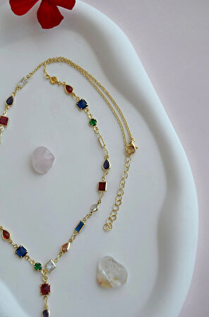 Renkli Taşlı Zarif Y Model Kolye Dekolte Kolye Işıltılı Çok Renkli