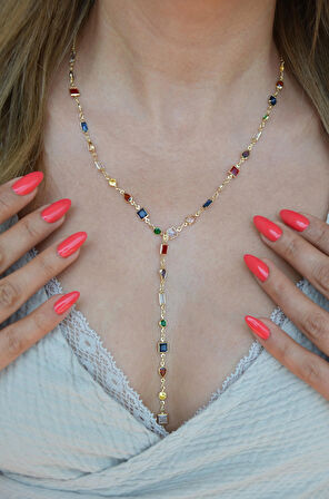 Renkli Taşlı Zarif Y Model Kolye Dekolte Kolye Işıltılı Çok Renkli